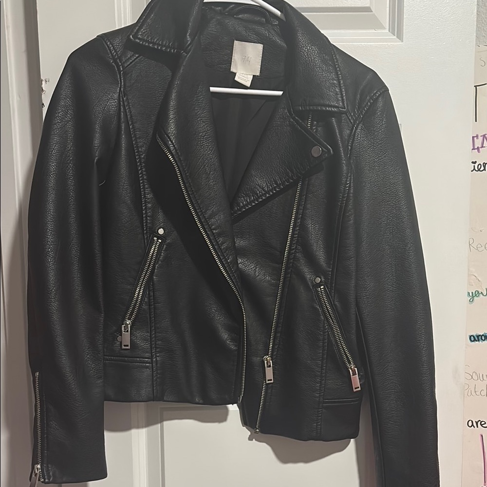 H&M Black Leather Moto Jacket Asymmetrical Zipper